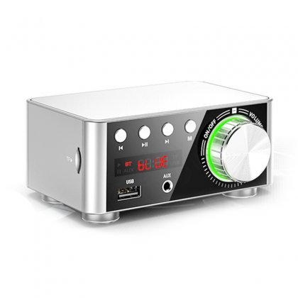 Power amplifier 2x50W Bluetooth 5.0 USB Aux Silver