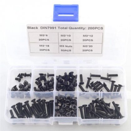 M3*6 20pcs , M3*10 20pcs , M3*12 20pcs , M3*16 20pcs , M3*20 20pcs , M3 100pcs Hex Hexagon Socket Flat Countersunk Head Screw Bolt Nut DIN7991 Black Grade 10.9 Steel Set With Plastic Case kit