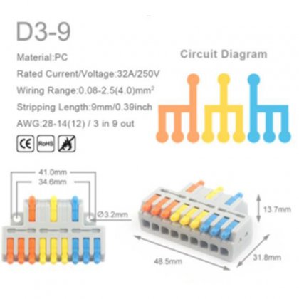 D3-9 Colors/ Mini Quick Wire Conductor Connector Universal Compact Splicing Push-inTerminal Block 1 in multiple out with fixing Hole