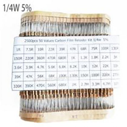 2500pcs/lot 1/4W 0.25w 5% Carbon Film Resistor Kit 50 Values Assortment Pack Mix Selection (1R-10M)
