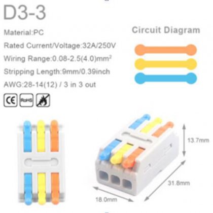 D3-3 Colors / Mini Quick Wire Conductor Connector Universal Compact Splicing Push-inTerminal Block 1 in multiple out with fixing Hole